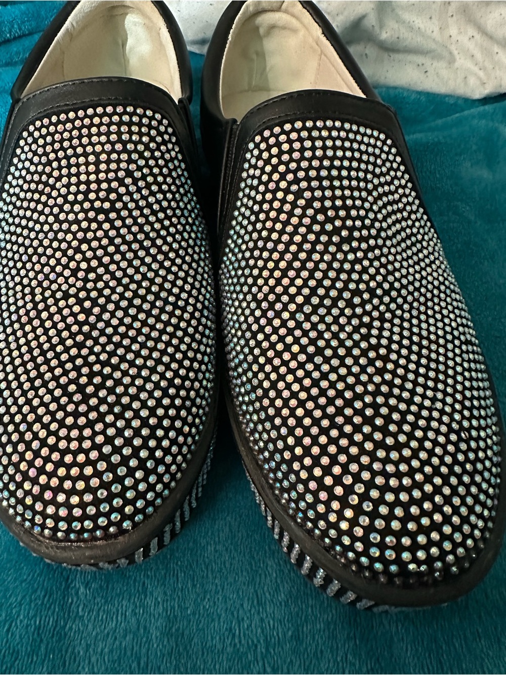 Black Slip-On Women’s Sneakers with Iridescent Crystal Embellishments